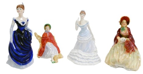 Two Coalport porcelain figures, modelled as Ladies of Fashion Rachel, and Donna, together with a Royal Doulton porcelain figure modelled as Sally HN2741, and Her Ladyship HN1834. (4)