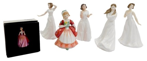 A group of Royal Doulton porcelain figures, comprising Sentiments Embrace HN4258, Charmed HN4445, Cherish HN4442, Welcome HN3764, Valerie HN2107, and Bess M210, boxed. (6)