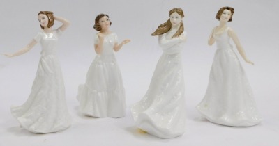 A group of Royal Doulton porcelain figures, comprising Sentiments Embrace HN4258, Charmed HN4445, Cherish HN4442, Welcome HN3764, Valerie HN2107, and Bess M210, boxed. (6) - 2