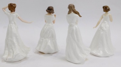 A group of Royal Doulton porcelain figures, comprising Sentiments Embrace HN4258, Charmed HN4445, Cherish HN4442, Welcome HN3764, Valerie HN2107, and Bess M210, boxed. (6) - 3