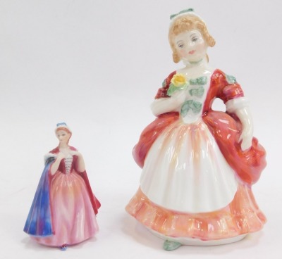 A group of Royal Doulton porcelain figures, comprising Sentiments Embrace HN4258, Charmed HN4445, Cherish HN4442, Welcome HN3764, Valerie HN2107, and Bess M210, boxed. (6) - 4