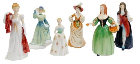 A group of Francesca Art China porcelain figures, comprising Emma, 22cm high, Nell by Robert Band, Beth by Michael Middling, Sarah by P Ansell, Charles II by Ivan Sutton, and Seaside by J Price. (6)