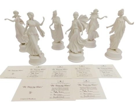 A set of six Wedgwood matt porcelain figures from the Dancing Hours Collection, each in differing poses wearing flowing gowns, bearing differing limited edition numbers, each approx 16cm high. (6)