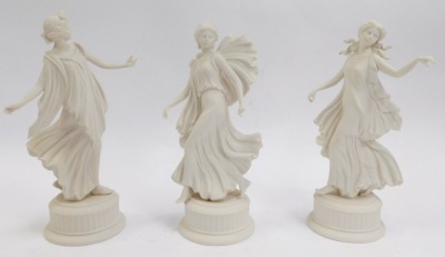 A set of six Wedgwood matt porcelain figures from the Dancing Hours Collection, each in differing poses wearing flowing gowns, bearing differing limited edition numbers, each approx 16cm high. (6) - 4