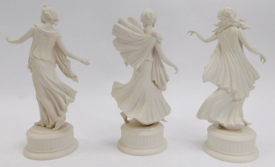 A set of six Wedgwood matt porcelain figures from the Dancing Hours Collection, each in differing poses wearing flowing gowns, bearing differing limited edition numbers, each approx 16cm high. (6) - 5