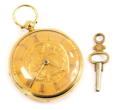 An 18ct gold fob watch, with Roman numeric dial and central design of birds and flowers, in a plain case, with key wind, 58.9g all in.