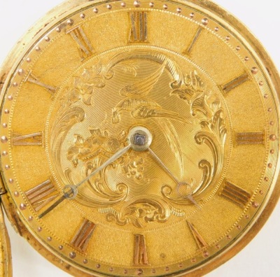 An 18ct gold fob watch, with Roman numeric dial and central design of birds and flowers, in a plain case, with key wind, 58.9g all in. - 2