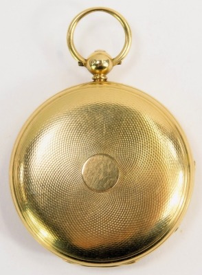 An 18ct gold fob watch, with Roman numeric dial and central design of birds and flowers, in a plain case, with key wind, 58.9g all in. - 5