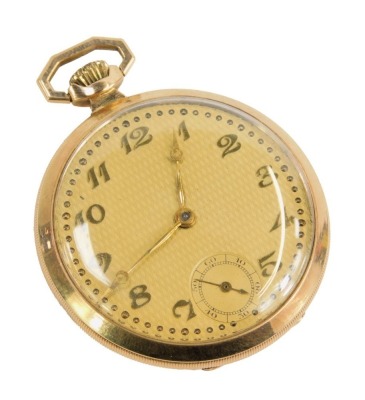 A 9ct gold pocket watch, open face, keyless wind, circular engine turned yellow dial bearing Arabic numerals, subsidiary seconds dial, 41.8g.