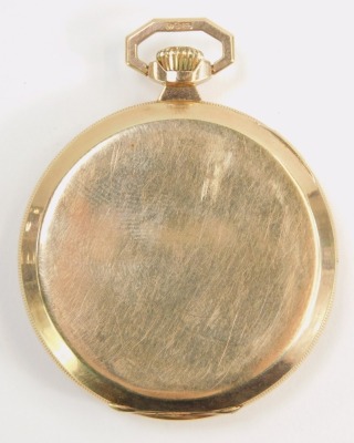 A 9ct gold pocket watch, open face, keyless wind, circular engine turned yellow dial bearing Arabic numerals, subsidiary seconds dial, 41.8g. - 3