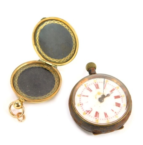 A steel cased white enamelled fob watch, and a gold plated coin case. (2) (AF)