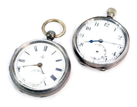 Two silver pocket watches, comprising one with engine engraved case with central shield and banner, with Roman numeric border, key wind, and another bezel wind with numeric dial, 221g all in. (2)