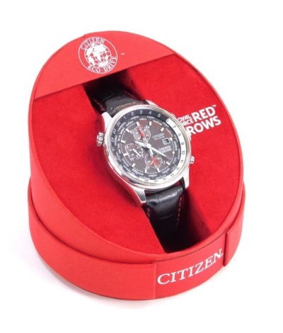 A Citizen Red Arrows chronograph wristwatch, with stainless steel head, on a black leather strap, boxed.