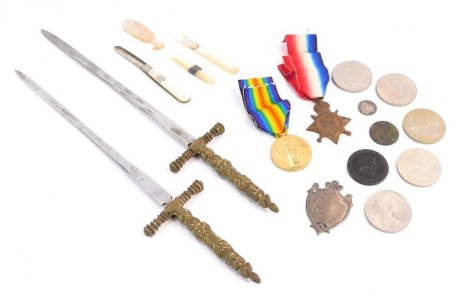 Two presentation brass handled daggers, a WWI 1914-15 Star, named to Pte C J Turned R.A.M.C., 23280, and a Victory medal, named to W.A.M.I Turner, R.F.C., 3238, Civilisation medal, mother of pearl handled penknife, collector's crown, etc. (a quantity)