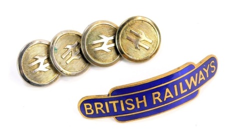 A British Railways blue enamel badge, 7cm wide, and four British Rail buttons.