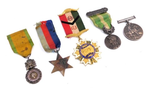 A WWI War medal, named to A.SJT. Osbourne, Bedford Regiment, 9103, WWII 11939-45 Star, French Morocco medal, with Oudjva clasp, Medaille Militaire, and a gilt and enamel jewel, named to BRO.EJ Osbourne, member of the RAOB, GLE in Iraq. (5)