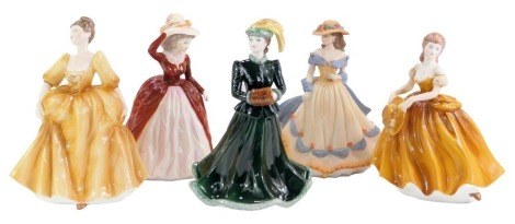 Five Coalport porcelain figures, modelled as Ladies of Fashion Harmony, Theresa, Grand Entrance, Autumn Grace, and a matt porcelain figure modelled as Age of Elegance Secret Rendezvous.