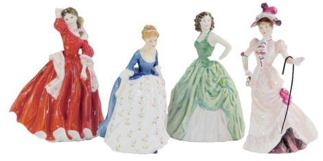 Four Royal Doulton porcelain figures, modelled as Alison HN2336 (AF), Ellen HN4231, Kelly HN4157, and British Sporting Heritage Ascot HN3471 (AF).