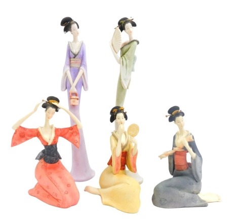 A group of Leonardo Collection figures modelled as geisha, comprising two figures in standing pose, one with a fan, 38cm high, and three seated. (5)