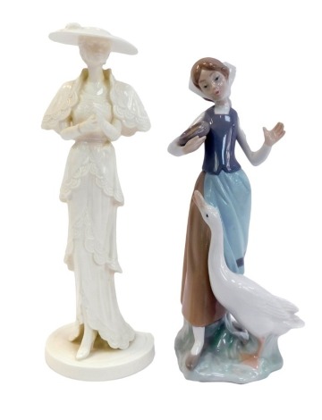 A Lladro porcelain figure group, modelled as a young girl feeding a goose, printed marks, 25cm high, together with a Coalport figure modelled as High Society, sculpted by John Bromley, limited edition of 12500. (2)