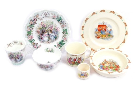 Royal Doulton wares, comprising Brambly Hedge Summer pattern beaker, teacup, bowl and collector's plate, and Royal Doulton Bunnykins bowl, egg cup, mug and side plate. (7)