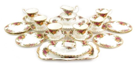 A Royal Albert porcelain Old Country Roses part tea service, comprising cake plate, oval server, six side plates, six saucers, six teacups, sugar bowl and a rectangular cake plate. (1 tray)