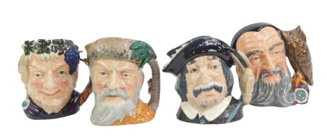 Four Royal Doulton character jugs, comprising Bacchus D6499, Robinson Crusoe D6532, Sancho Pancha D6456, and Merlin D6529, the largest 17cm high. (4)