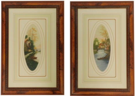 20thC French School. A pair of oval watercolour river scenes, one inscribed Forte le Cascade, and another Eau Forte Bonds de Viviene, 38cm x 14cm, titled in margins, framed and glazed.