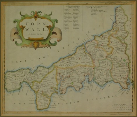 After Robert Morden. A framed map of Cornwall, later coloured, 37cm x 41cm, framed and glazed.