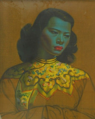 After Vladimir Tretchikoff. The Chinese Girl, print, with blue face, in yellow robes, 60cm x 50cm, framed and glazed.