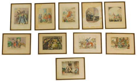 A group of ten 20thC engravings, some published by W Davison of Alnwick, The Dentistry, including The Town Tooth Drawer, The Country Tooth Drawer, The Dentistry, Sans Efforts, Oh! La La La!, and others untitled, each later coloured, in blackened and gilde