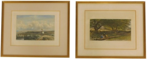 After David Cox. Landscape with figure on a horse, and After R Redgrave. Pastoral landscape, pair of coloured etchings by Louis Marvy, 14cm x 20cm, framed and glazed. (2)