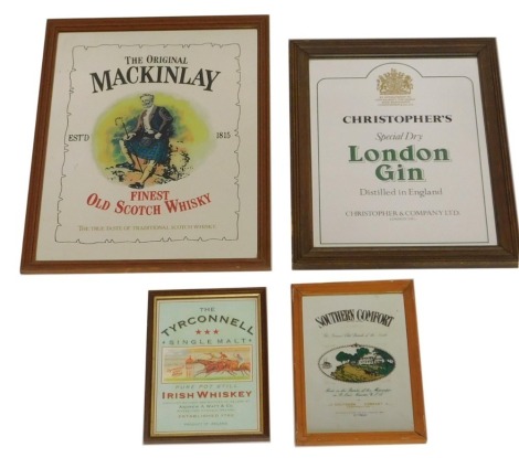 A group of advertising mirrors, comprising a Southern Comfort pine framed mirror, 30cm x 20cm, a Christopher's London Gin advertising mirror, 49cm x 37cm, in mahogany frame, a McInley Old Finest Scotch Whisky advertising mirror, 60cm x 45cm, in pine frame