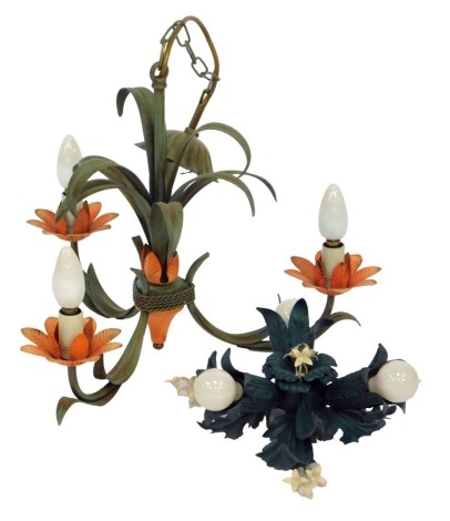 A brushed and painted metal three branch candelabrum, with leaf and vine design, with orange lotus flower openings, 41cm high, and a similar dark green ceiling light with white flowers, 11cm high. (2)