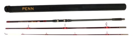 A Penn three-piece split cane fishing rod, in travel case.