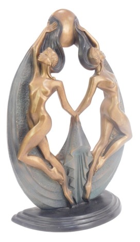 An Arcadia Sculptures Art Deco style figure group of two semi clad females, arched in embrace, bearing stamp and date for 19**, 52cm high.