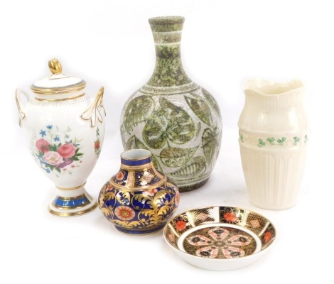 A group of 19thC and later ceramics, comprising a Minton commemorative Summer Glory vase, 16cm high, a Royal Crown Derby Imari pattern pin dish, 11cm diameter, a Belleek vase, 14cm high, Wilton ware Imari vase, and a Denby studio pottery vase, 21cm high. 