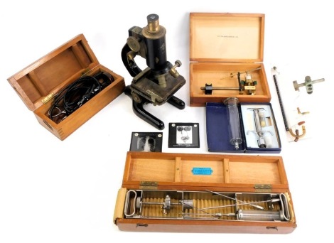 A WR Prior and Co of London microscope, model 8345, with various accessories and funnel, 32cm high, with various slides, multi function apparatus, etc.