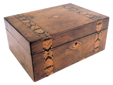 A Victorian walnut box, with inlaid banding and escutcheons, with a vacant interior, 13cm high, 29cm wide, 21cm deep. (AF)