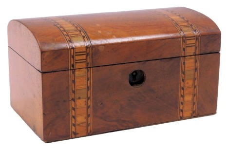 A 19thC walnut and boxwood curved top tea caddy, 9cm high, 18cm wide, 10cm deep.