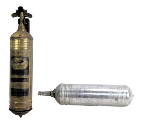 Two vintage fire extinguishers, comprising a Pyrene brass extinguisher, 37cm high, and an Auto Mini Max hand pump type D chrome extinguisher, 36cm high. (2)