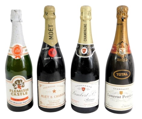 Three bottles of Champagne, comprising Lorai Perrier, Lambert & Co Rens, and Moet & Chandon, together with a bottle of Flemish Castle Demi-Sec. (4)