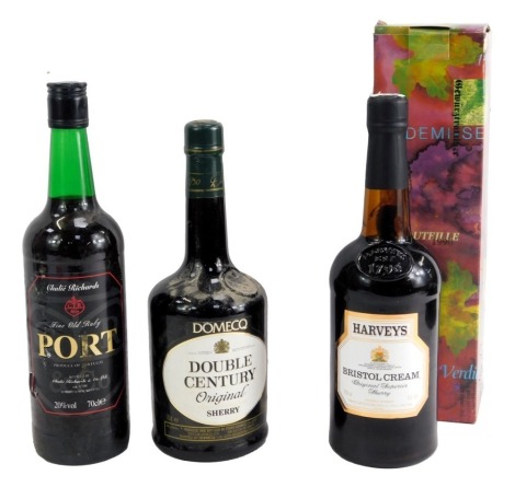 Three bottles of alcohol, comprising a Charlie Richards Port, Demaco Double Century Sherry, and a Demise & Boutique Sherry, boxed. (3)