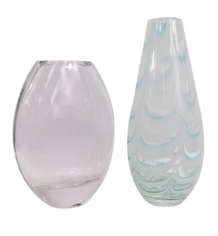 Two glass vases, comprising a clear ovoid glass vase, 31cm high, and a teardrop glass vase with opaline feathered decoration, 40cm high. (2)