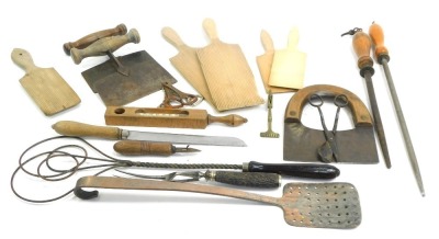 Kitchenalia. A group of 19thC and later kitchen wares, including a Victorian herb chopper, butter pats, ladles, knife sharpener, etc. (1 tray)