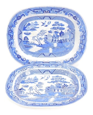 Two 19thC Copeland Spode blue and white pottery meat platters, one of tree and well form, 53cm x 46cm, and 49cm x 40cm. (2)