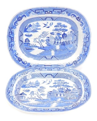 Two 19thC Copeland Spode blue and white pottery meat platters, one of tree and well form, 53cm x 46cm, and 49cm x 40cm. (2)