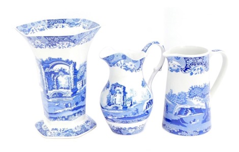 Three items of Spode blue and white Italian pattern pottery, comprising an octagonal fluted vase, 27cm high, a small jug, 20cm high, and a coffee pot, 20cm high. (3)