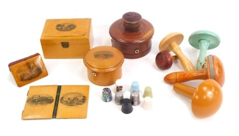 Treen and Mauchline wares, including a Bexley Old Church rectangular storage box, a New Pier Brighton string box, a Kinnaird Castle needle case, various darning mushrooms, etc. (a quantity)