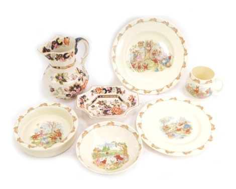 Royal Doulton Bunnykins and Masons Regency, comprising Bunnykins cup, breakfast bowl and two plates, and a Masons Mandarin pattern jug, 16cm high, and a pin dish, 15cm wide. (7)